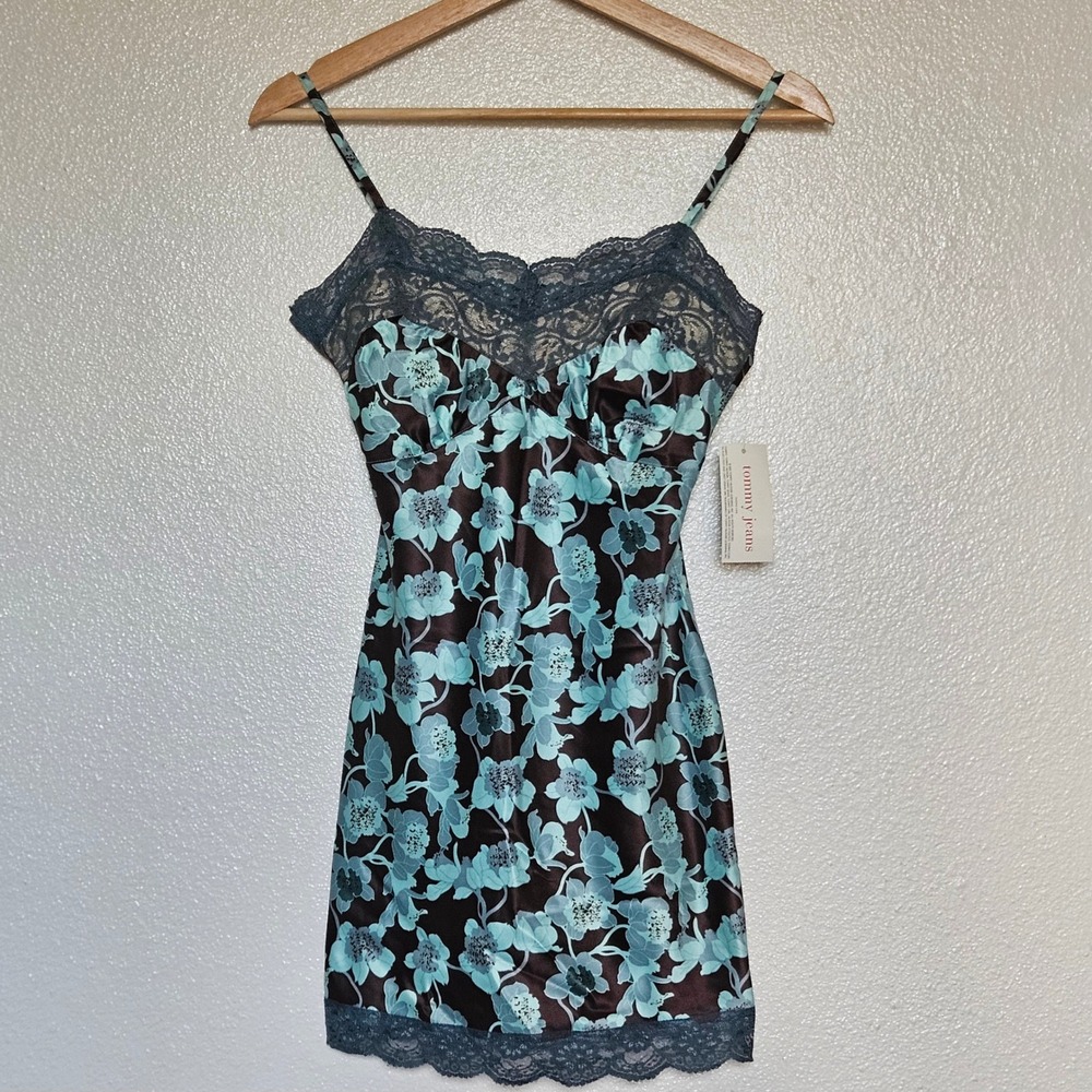 Tommy Jeans Vintage Y2K Floral Satin Slip Dress Teal Brown NWT